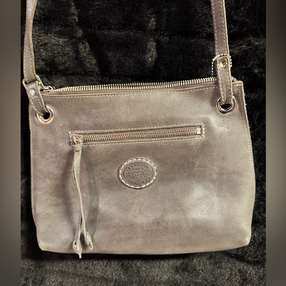 Roots Grey Leather Crossbody Bag